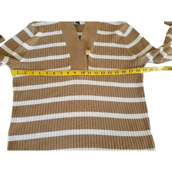 Lauren Ralph Lauren Sweater Womens Size XL Striped Brown White Button Accent - Picture 8 of 12